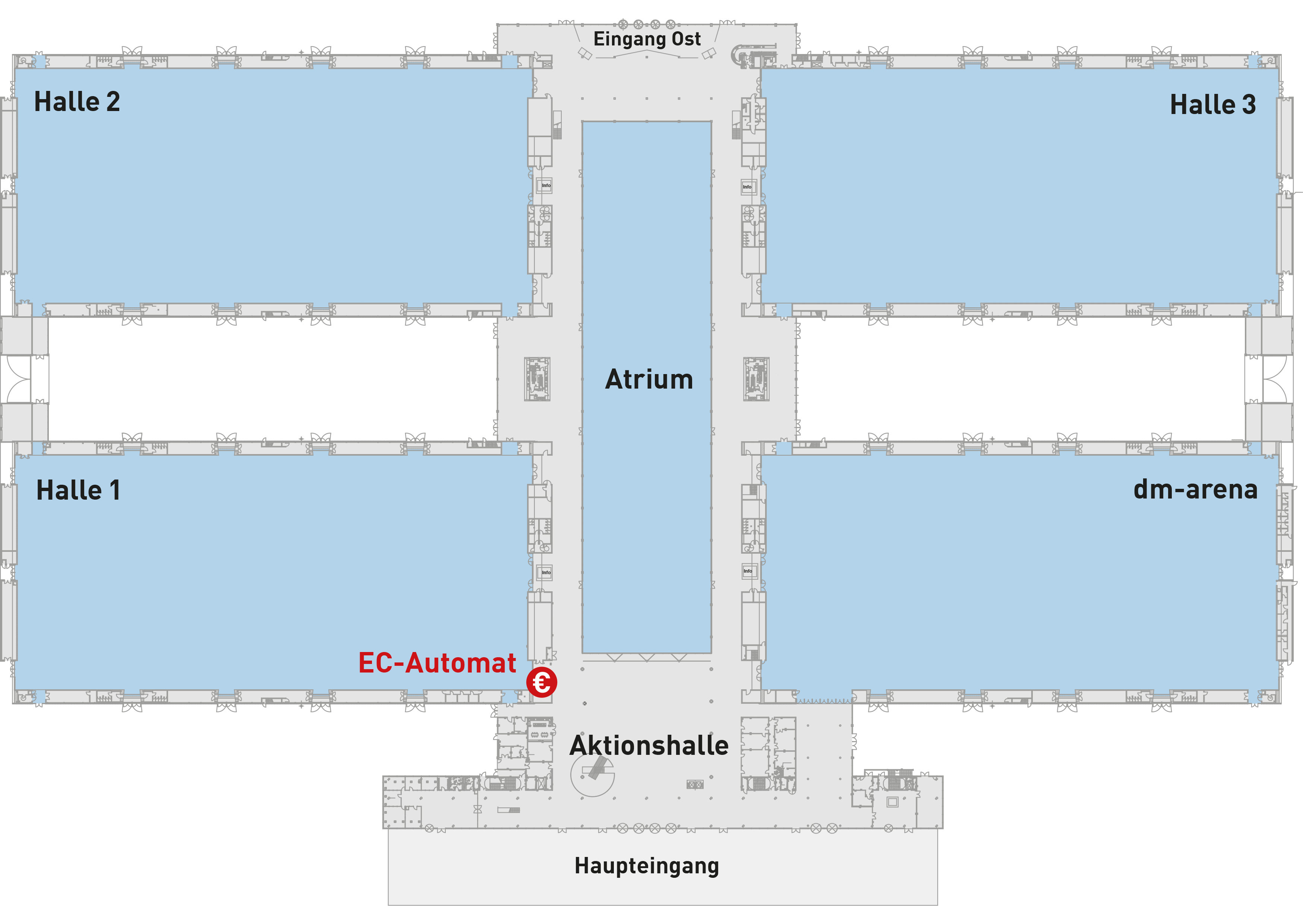 Graphic of the site plan of Messe Karlsruhe with the locations of the EC machines directly on the exhibition grounds.