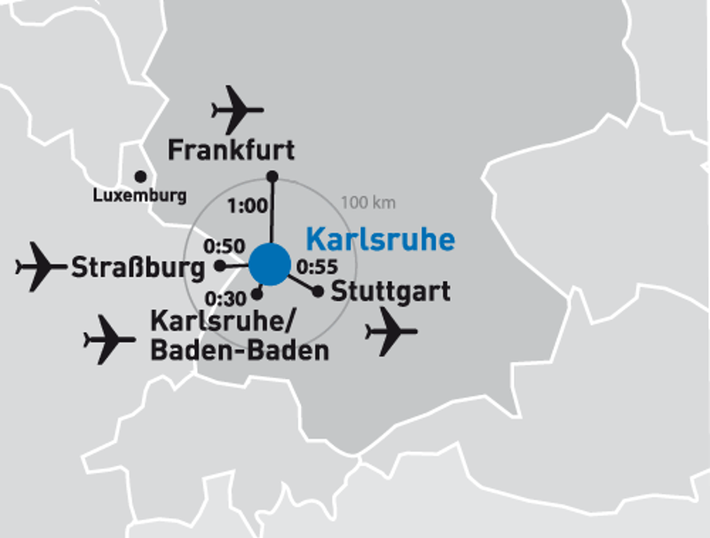 Karte mit angrenzenden Flughäfen Straßburg, Frankfurt, Stuttgart und Karlsruhe/Baden-Baden zur Messe Karlsruhe.
